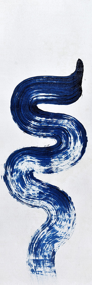 Blue Dragon 01. acrylic on rice paper mounted on canvas. 46 x 13.5 in. 2017 - Private Collection snake, naga, brush mark, minimalism, symbol, myth, dragon, kinetics
