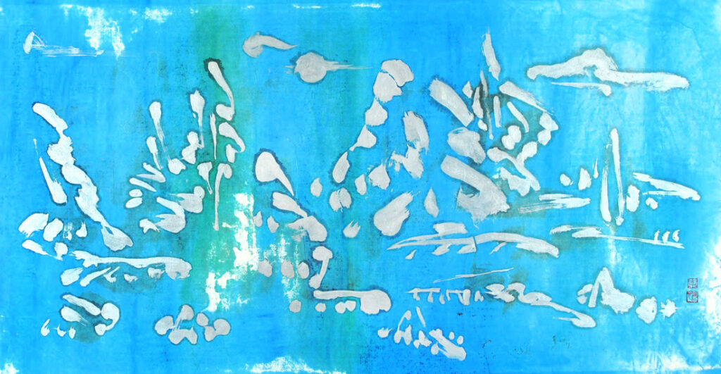 silver, blue, line work, brush work, modern Chinese painting, abstract expressionism, atmosphere painting, blue, night scene