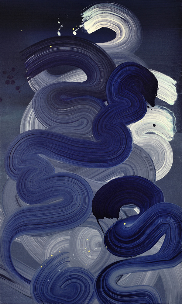 Moon Birds. acrylic on canvas. 46 x 28 in. 2022 brush mark, force, momentum, minimal, symbol, icon, wave, kinesis, blue, cosmos, quantum, mystery, Rothko, spirituality