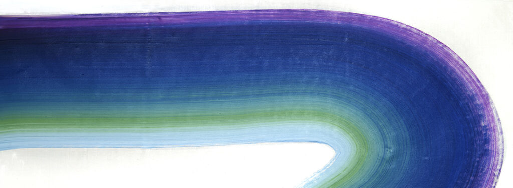 Turning Point. acrylic on canvas. 28 x 76 in. 2026 Zen, brush, mark, line work, marks, energy, kinesis, waves, momentum, blue, kinetics, time, color field, gestural painting, nature, symbol, yin and yang